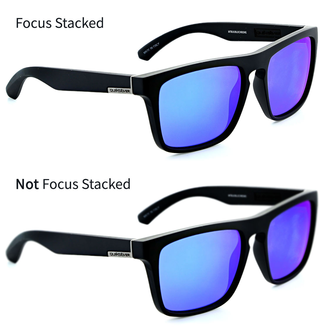 Ortery eyewear photography solution displaying an example of a software feature called Focus Stacking that allows users to obtain full image focus automatically.